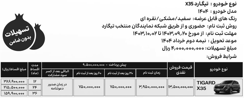 ثبت نام اقساطی تیگارد ایکس 35 شب یلدا آذر 1403